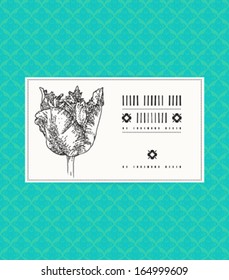 Vector card with tulip on ornamental aqua blue background. Template for spa promotion, flower shop gift card, soap package, spring sale coupon, perfume label design, business card, catalog cover