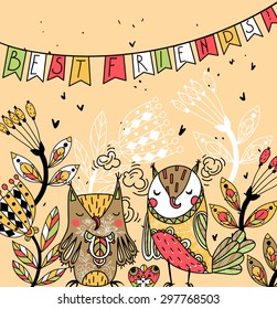 vector card with two best friends- cute colorful owls 