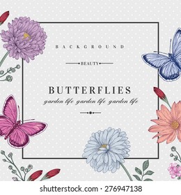 Vector card with two butterflies and flowers in pastel colors. Romantic summer background. Aster, chrysanthemum, daisy.