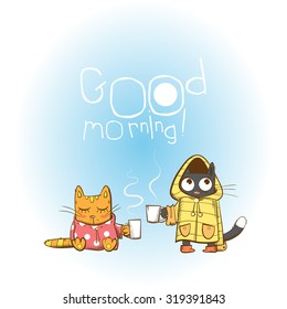 Vector card with two cartoon cats and  cups.