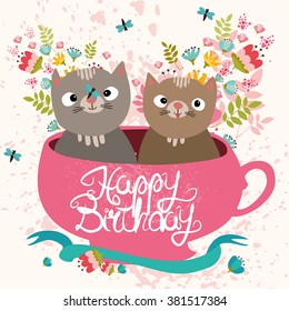 vector card two cute cat in the circle, happy birthday. on a floral background with paint splashes