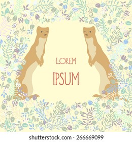 Vector card with two cute ermines standing in the flowers. Vector graphics for invitation or greeting cards.