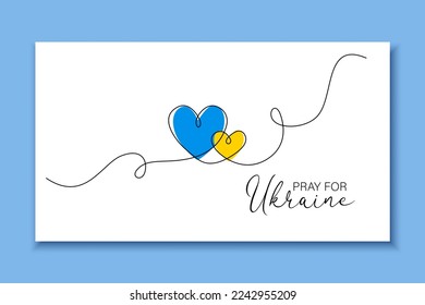 Vector card with two line hearts and Ukrainian flag colors. Lettering Pray for Ukraine