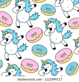 Vector card with unicorn and donuts. Wrapping paper or fabric. Dabbing Unicorn,  cute funny unicorn dancing. Texture for menu, booklet, banner, website. Vector illustration.  svg