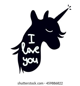 Vector card with unicorn silhouette and text "I love you". vector illustration