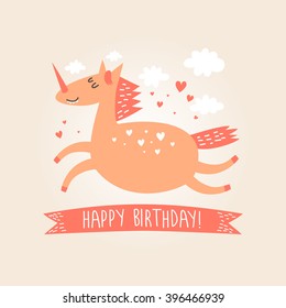 Vector card with unicorn and text Happy Birthday. This illustration can be used as a greeting card, poster or print