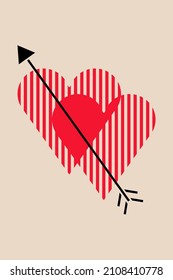 Vector card for Valentine's day with the arrow that pierces two red hearts. Beige poster with black and red elements.