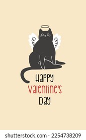 Vector card for Valentine's Day. Black cupid cat. Cat angel with wings. Happy valentine's day inscription 
