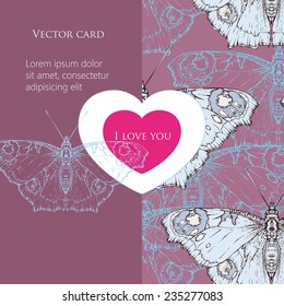 Vector card for Valentine's Day with butterflies silhouettes and pink heart