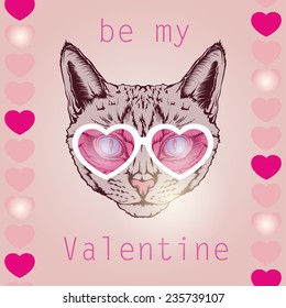 Vector card for Valentine's Day with cat head in human glasses and pink hearts 