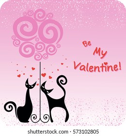vector card for the Valentines day with couple cats and tree