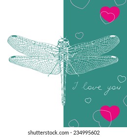 Vector card for Valentine's Day with dragonfly and hearts