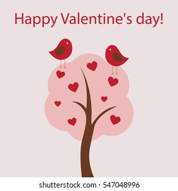 Vector card for Valentines day. Lovers of birds sitting on the tree.