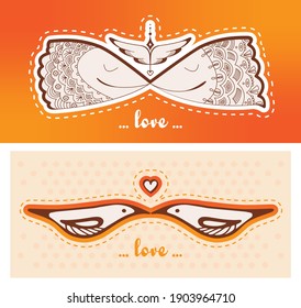Vector card for Valentine's Day. Romantic postcard, card, invitation, poster. Love card design. Flat design. Vector illustration card with cute kissing birds, fishes, hearts, wings. 