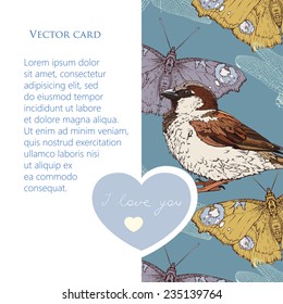 Vector card for Valentine's Day with sparrow, butterflies and dragonflies on a blue background
