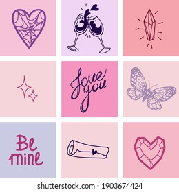 vector card for Valentine's Day from squares in pink colors, words of love and hearts
