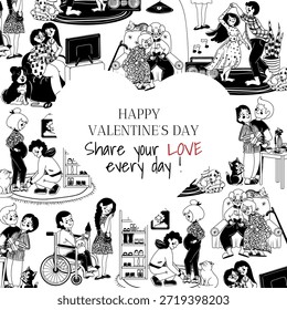 Vektorkarte mit verschiedenen verliebten Paaren. Eine Sammlung von Szenen zu Hause mit verschiedenen Paaren in Beziehungen. Valentinstag. Verschiedene Familien