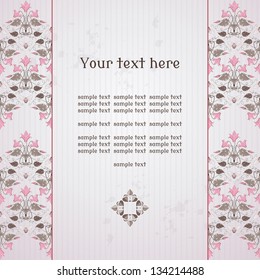 Vector card. Vintage border in modern style. Decorative ornament of cyclamen plants and cicadas. Old paper, strips and stains. Place for your text. Perfect for invitations, announcement or greetings.