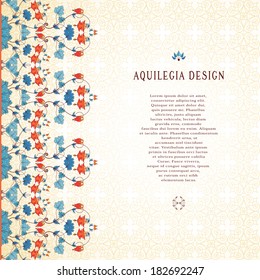 Vector card. Vintage border in modern style. Aquilegia plants contain flowers, buds and leaves. Place for your text. Perfect for invitations, announcement or greetings.