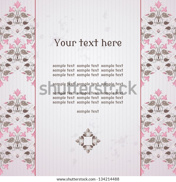 Vector card. Vintage border in modern style.\
Decorative ornament of cyclamen plants and cicadas. Old paper,\
strips and stains. Place for your text. Perfect for invitations,\
announcement or\
greetings.