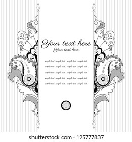 Vector card. Vintage  damask pattern. Black, white and gray. Place for your text.