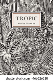 Vector card vintage. Exotic flowers and plants. Botanical classic illustration.