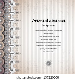 Vector card. Vintage floral oriental pattern, border and strips. Made old surface.  Place for your text. Perfect for invitations, announcement or greetings