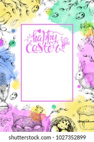 Vector card with vintage hand drawn elements: eggs, cake, chicken, willow, bunny and flowers. Handwriting inscription Happy Easter. Watercolor background. Brush lettering, calligraphy. Frame.
