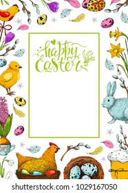 Vector card with vintage hand drawn elements: eggs, cake, chicken, willow, bunny and flowers. Handwriting inscription Happy Easter. Colorful background. Brush lettering, calligraphy. Frame.