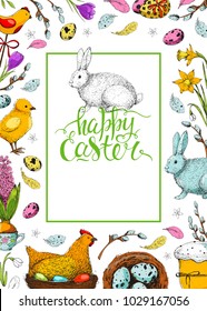 Vector card with vintage hand drawn elements: eggs, cake, chicken, willow, bunny and flowers. Handwriting inscription Happy Easter. Colorful background. Brush lettering, calligraphy. Frame.