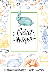 Vector card with vintage hand drawn elements: eggs, cake, chicken, willow, bunny and flowers. Handwriting Italian inscription Happy Easter. Colorful background. Brush lettering, calligraphy. Frame.