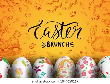 Vector card with vintage hand drawn elements: bunny, chicken, willow, flowers. Handwriting inscription Easter brunch. Yellow background. Lettering, calligraphy. Engraving. Realistic 3D decorated eggs.