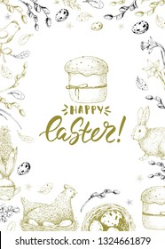 Vector card with vintage hand drawn elements: bunny, chicken, willow, nest, flowers. Handwriting inscription Happy Easter. Gold background. Lettering, calligraphy. Engraving. 