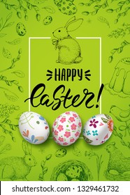 Vector card with vintage hand drawn engraving elements: cake, chicken, willow, bunny and flowers. Handwriting inscription Happy Easter. Realistic 3D decorated eggs. Brush lettering, calligraphy. 