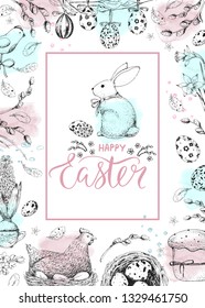 Vector card with vintage hand drawn elements: eggs, cake, chicken, willow, rabbit and flowers. Handwriting inscription Happy Easter. Watercolor background. Brush lettering, calligraphy. Frame.