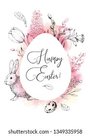 Vector card with vintage hand drawn engraving sketch elements: tulip, willow, narcissus, hyacinth, bunny. Calligraphic inscription Happy Easter on white egg shaped. Pink watercolor background.