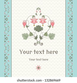 Vector card. Vintage pattern and border in modern style. Aquilegia plants contain  flowers, buds and leaves.  Place for your text. Perfect for invitations, announcement or greetings.
