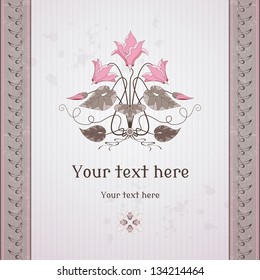 Vector card. Vintage pattern and border in modern style. Decorative element of cyclamen plants. Old paper, strips and stains. Place for your text. Perfect for invitations, announcement or greetings.
