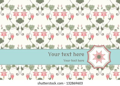 Vector card. Vintage pattern in modern style. Aquilegia plants contain  flowers, buds and leaves.  Place for your text. Perfect for invitations, announcement or greetings.