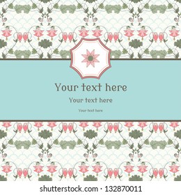 Vector card. Vintage pattern in modern style. Aquilegia plants contain  flowers, buds and leaves. Pink and green. Place for your text. Perfect for invitations, announcement or greetings.