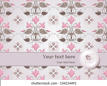 Vector card. Vintage pattern in modern style with cyclamen plants. Decoration in the form of a lens with a cicada inside. Place for your text.