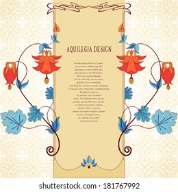 Vector card. Vintage pattern in modern style. Seamless simple delicate ornament. Aquilegia plants contain flowers, buds and leaves. Perfect for invitations, announcement or greetings.