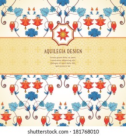 Vector card. Vintage pattern in modern style. Aquilegia plants contain flowers, buds and leaves. Place for your text. Perfect for invitations, announcement or greetings.