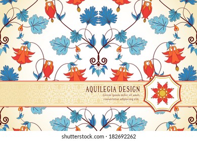 Vector card. Vintage pattern in modern style. Aquilegia plants contain flowers, buds and leaves. Place for your text. Perfect for invitations, announcement or greetings.