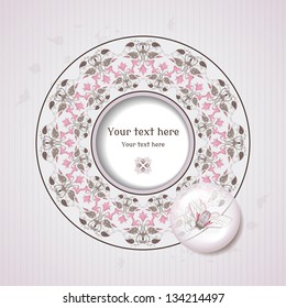 Vector card. Vintage round frame in modern style with cyclamen plants. Decoration in the form of a lens with a cicada inside. Old paper, strips and stains. Place for your text.