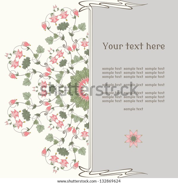 Vector card.\
Vintage round pattern in modern style. Aquilegia plants contain \
flowers, buds and leaves.  Place for your text. Perfect for\
invitations, announcement or\
greetings.