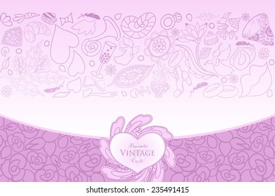 Vector card in vintage style. Beautiful wedding invitation with a lot romantic elements. Vintage labels. Hand drawn ornaments. 