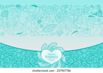 Vector card in vintage style. Beautiful wedding invitation with a lot romantic elements. Vintage labels. Hand drawn ornaments. 