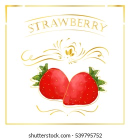 Vector card in vintage style with strawberry. Stylized drawing with golden lines on white background. 