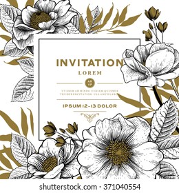 Vector Card with Vintage Victorian Graphic Floral Composition. Blank for Greeting Postcard, Wedding Invitation or Any Design.